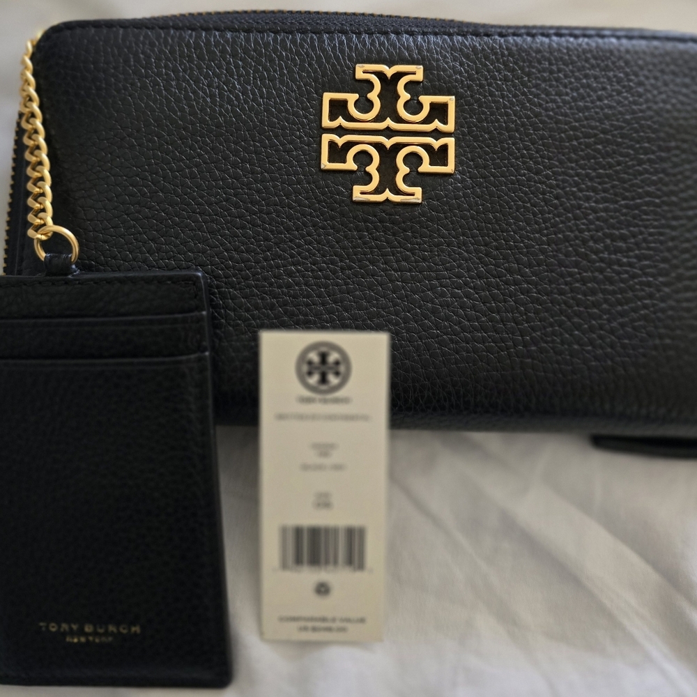 TORY BURCH BRITTEN ZIP CONTINENTAL WALLET BLACK PEBBLED LEATHER